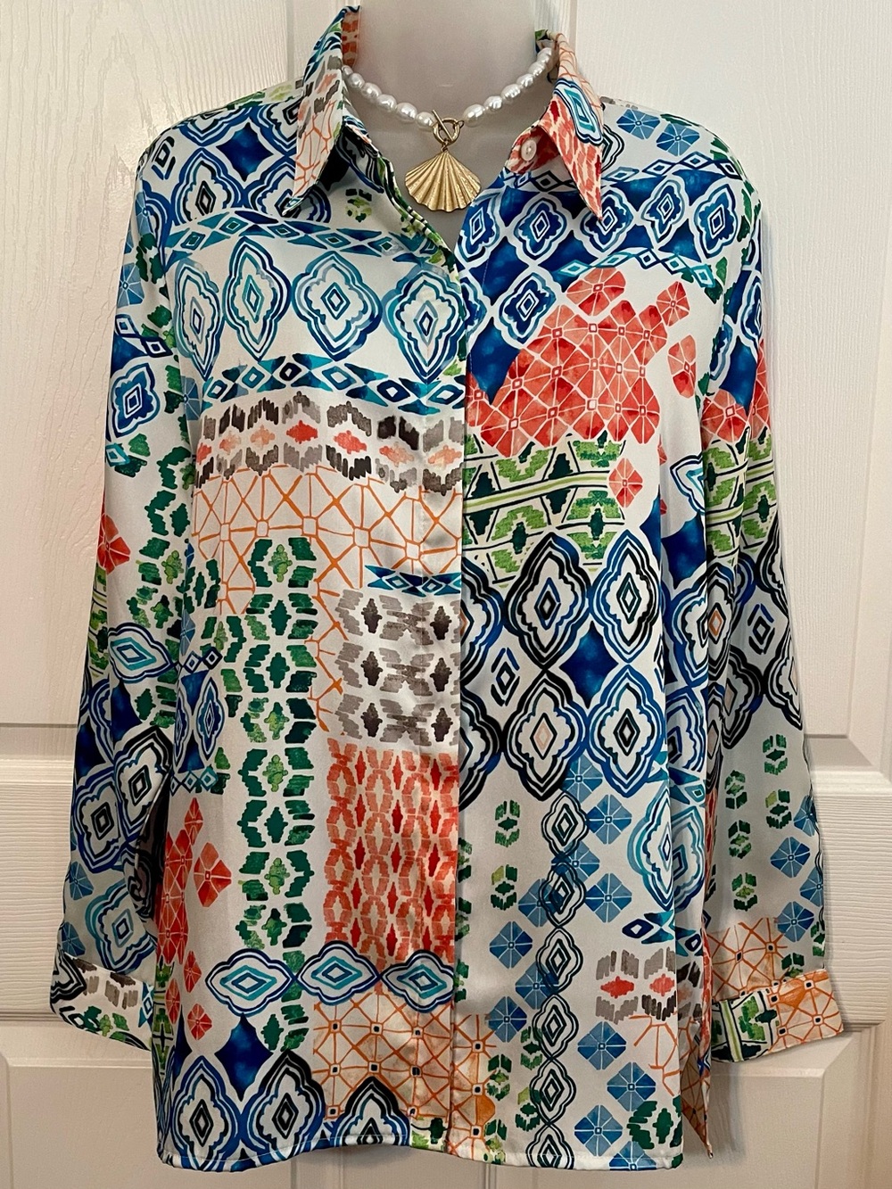 CHICOS COLORFUL JOURNEY Geometric Patchwork Button-Up Blouse SIZE 2 SIZE 12/14